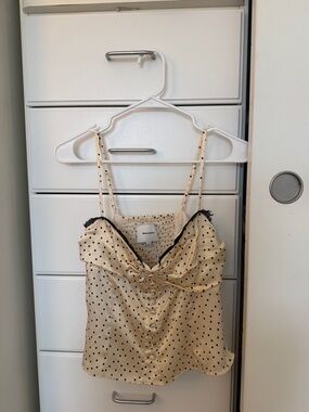 Reformation Cream Polka Dot Satin Cami with Black Lace Trim